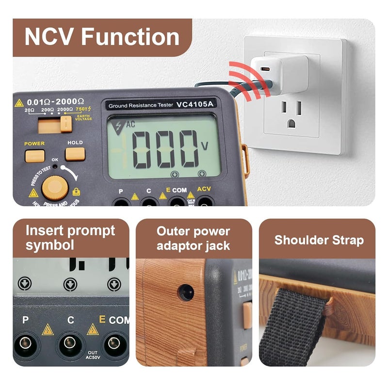 SKYCENX Telurometro,VC4105A Digital Earth Resistance Tester, Grounding Meter Tester for Earthing,Wood-Look Casing,Offers Three Resistance Ranges(20Ω/200Ω/2000Ω) and AC Voltages 750V - Image 5